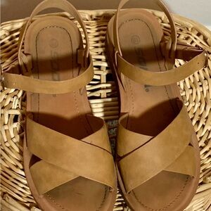 Soda Tan Sandals Crisscross Straps Cushioned Footbed
